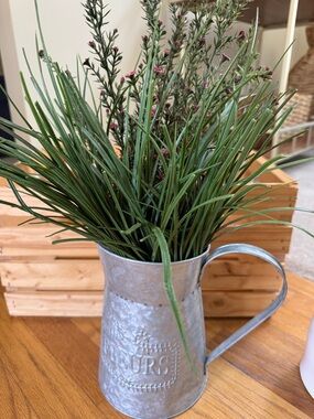 Galvanized Metal Fleur Pitcher Vase with Green Grass Arrangement